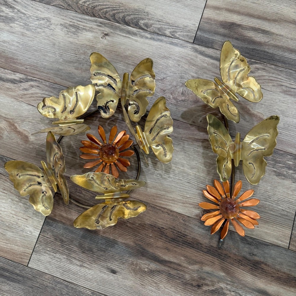 Vintage Brass Butterfly Wall Art Set of 2 Copper‎ Flowers 1970s